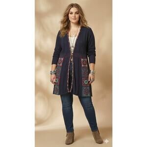 Joe Browns Cardigan Sweater US 16 18 Blue Boho Patchwork Crochet Longline Cotton